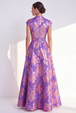 Floral Navy Long Cap Sleeves Jacquard A Line Mother of the Bride Dress
