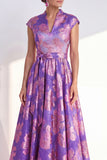 Floral Navy Long Cap Sleeves Jacquard A Line Mother of the Bride Dress