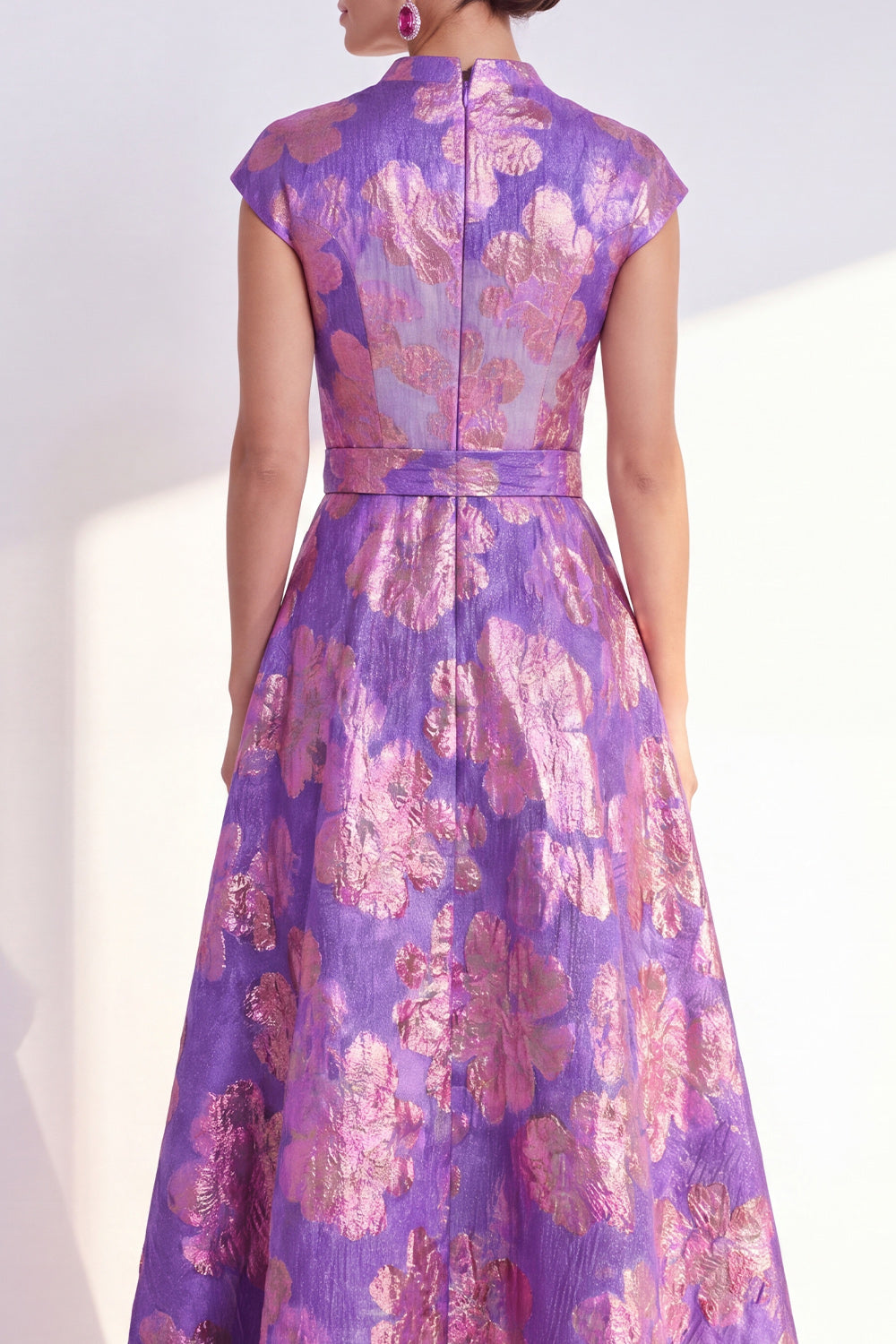 Floral Navy Long Cap Sleeves Jacquard A Line Mother of the Bride Dress
