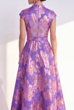 Floral Navy Long Cap Sleeves Jacquard A Line Mother of the Bride Dress