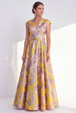 Floral Navy Long Cap Sleeves Jacquard A Line Mother of the Bride Dress