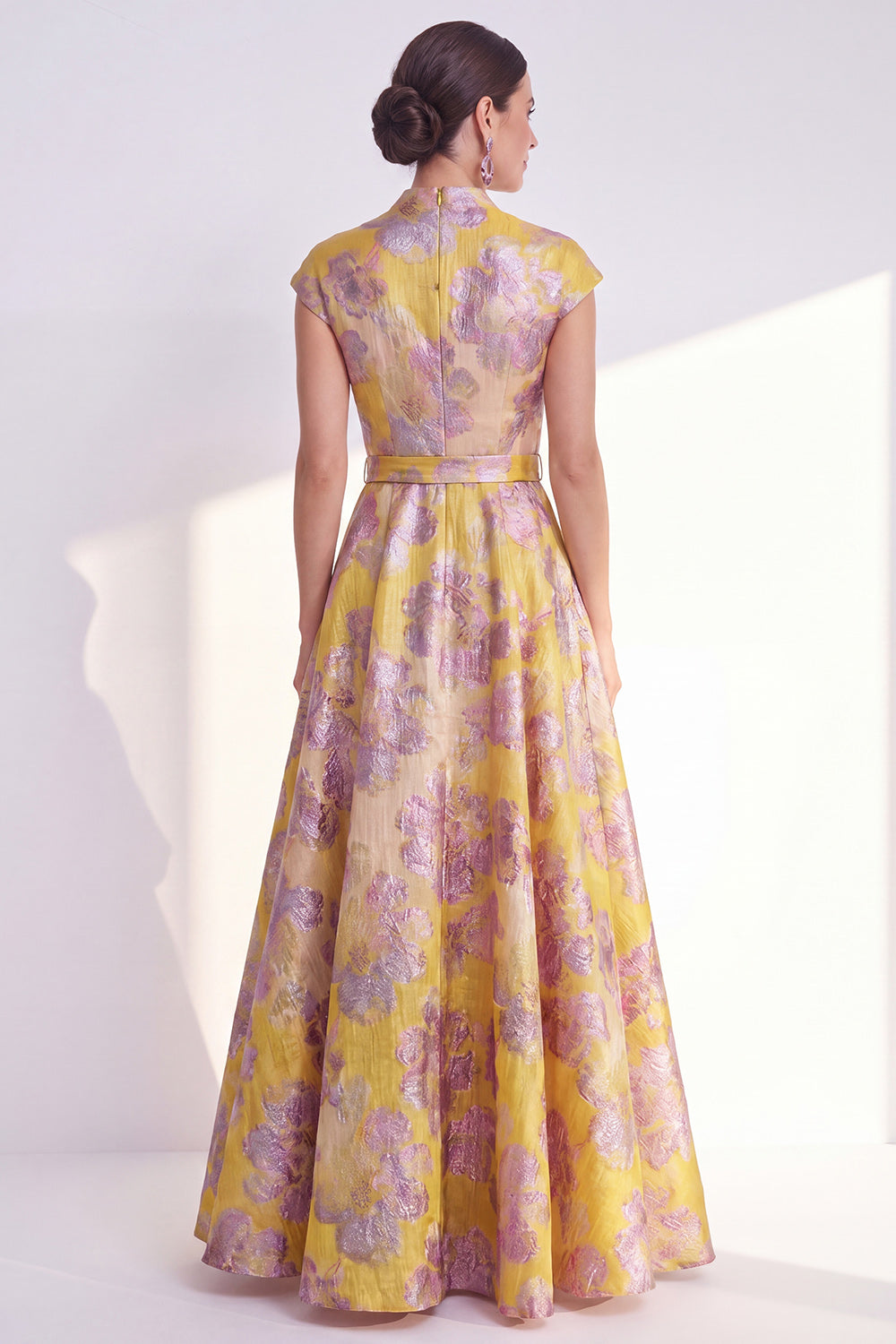 Floral Navy Long Cap Sleeves Jacquard A Line Mother of the Bride Dress