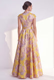 Floral Navy Long Cap Sleeves Jacquard A Line Mother of the Bride Dress