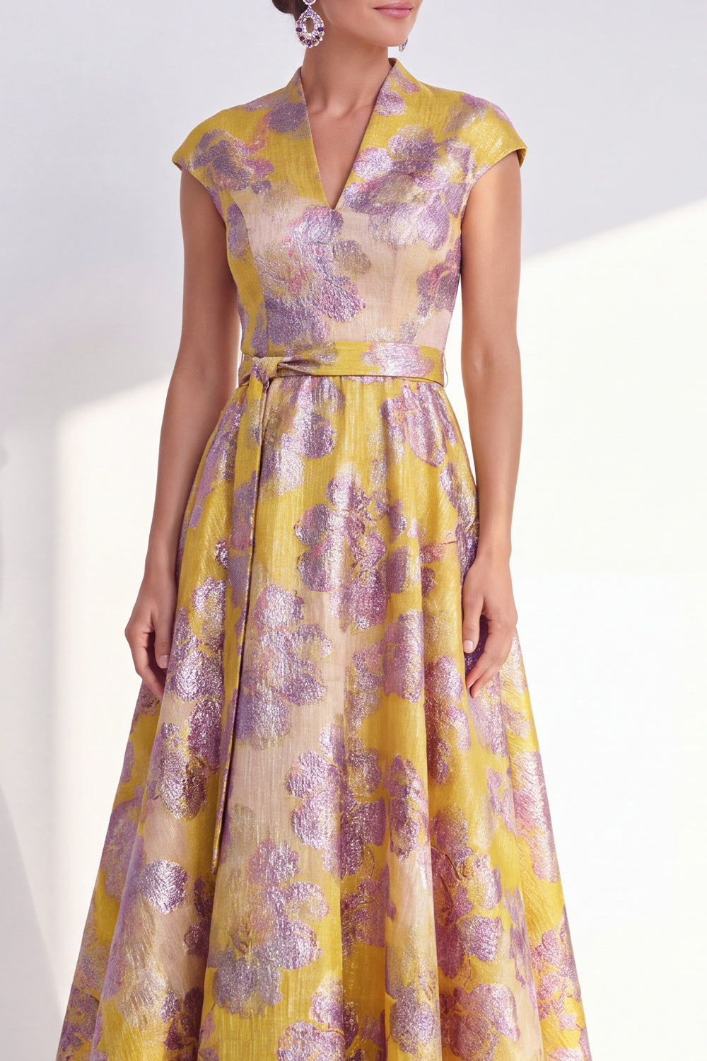 Floral Navy Long Cap Sleeves Jacquard A Line Mother of the Bride Dress