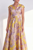 Floral Navy Long Cap Sleeves Jacquard A Line Mother of the Bride Dress