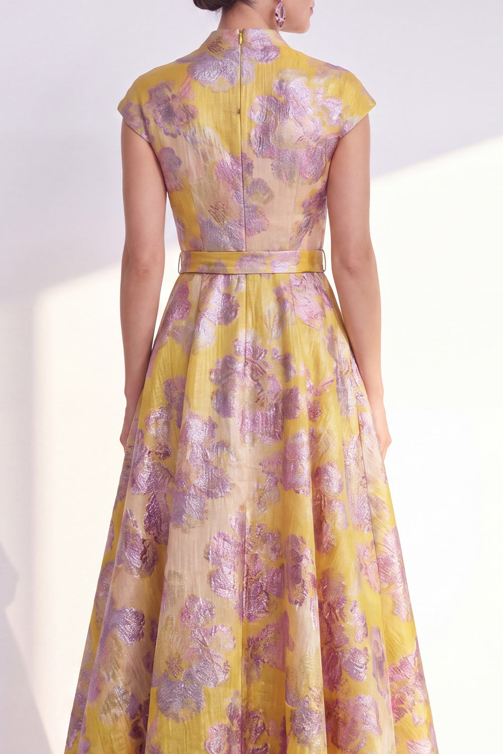 Floral Navy Long Cap Sleeves Jacquard A Line Mother of the Bride Dress