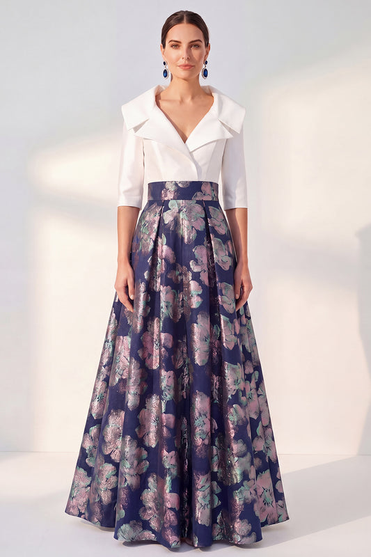 Long 3/4 Sleeves Floral Navy Jacquard A Line Mother of the Bride Dress