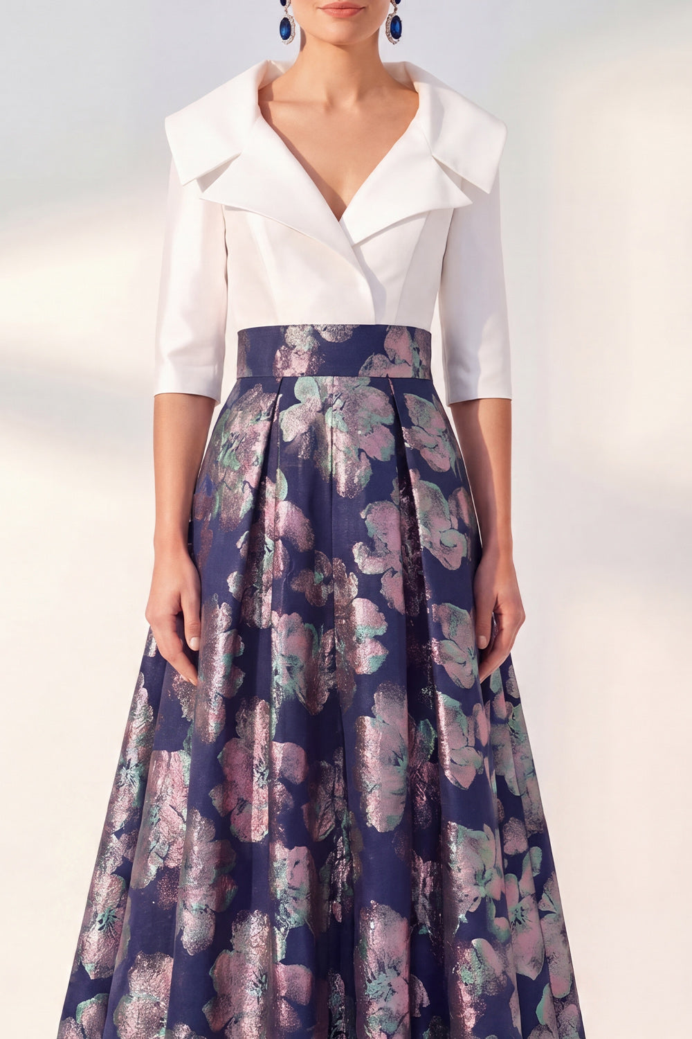Long 3/4 Sleeves Floral Navy Jacquard A Line Mother of the Bride Dress