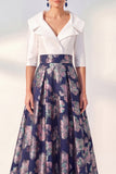 Long 3/4 Sleeves Floral Navy Jacquard A Line Mother of the Bride Dress