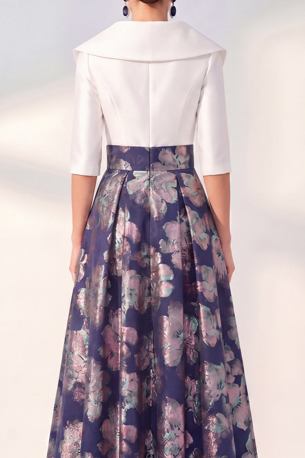 Long 3/4 Sleeves Floral Navy Jacquard A Line Mother of the Bride Dress
