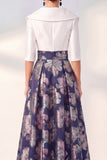 Long 3/4 Sleeves Floral Navy Jacquard A Line Mother of the Bride Dress