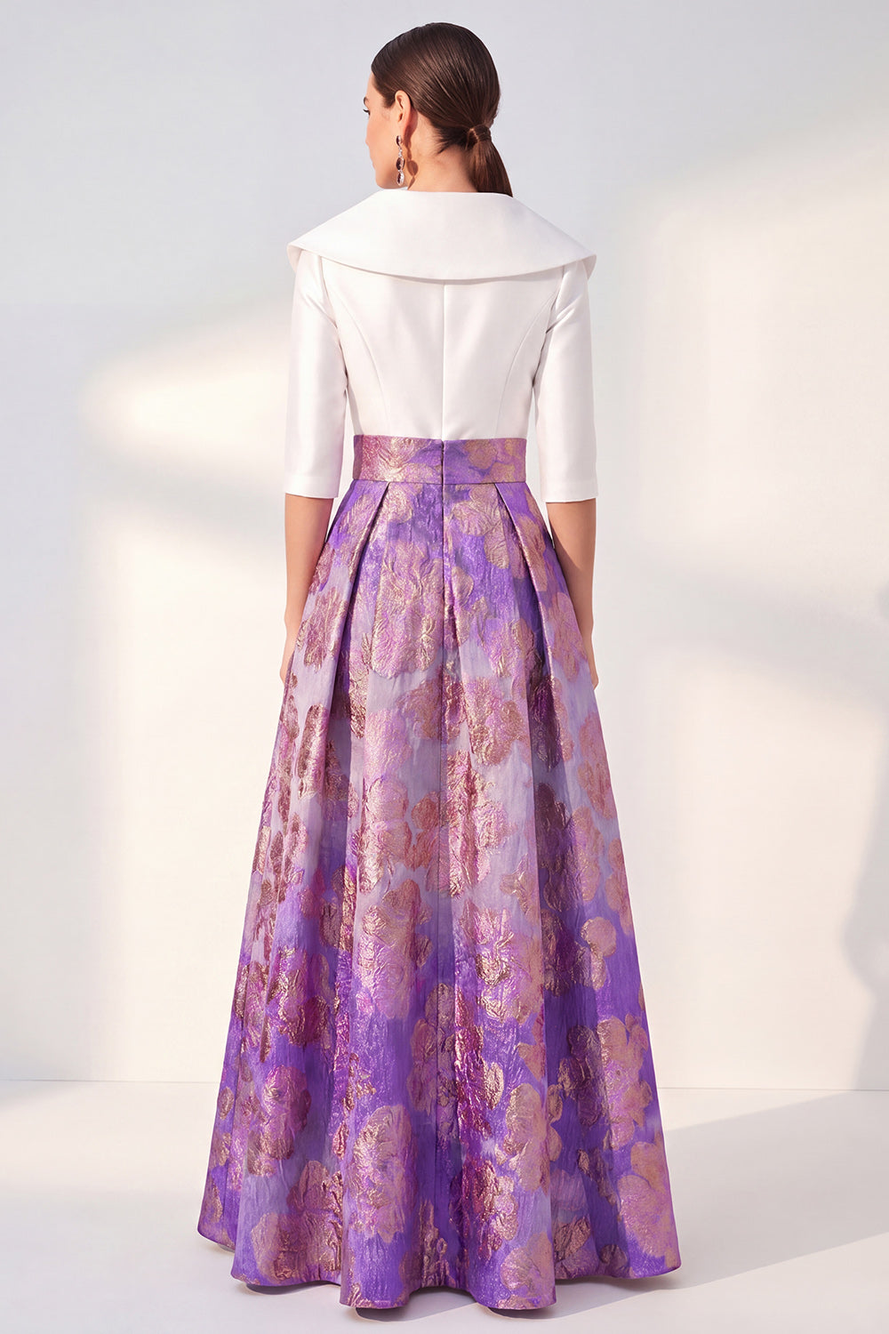 Long 3/4 Sleeves Floral Navy Jacquard A Line Mother of the Bride Dress