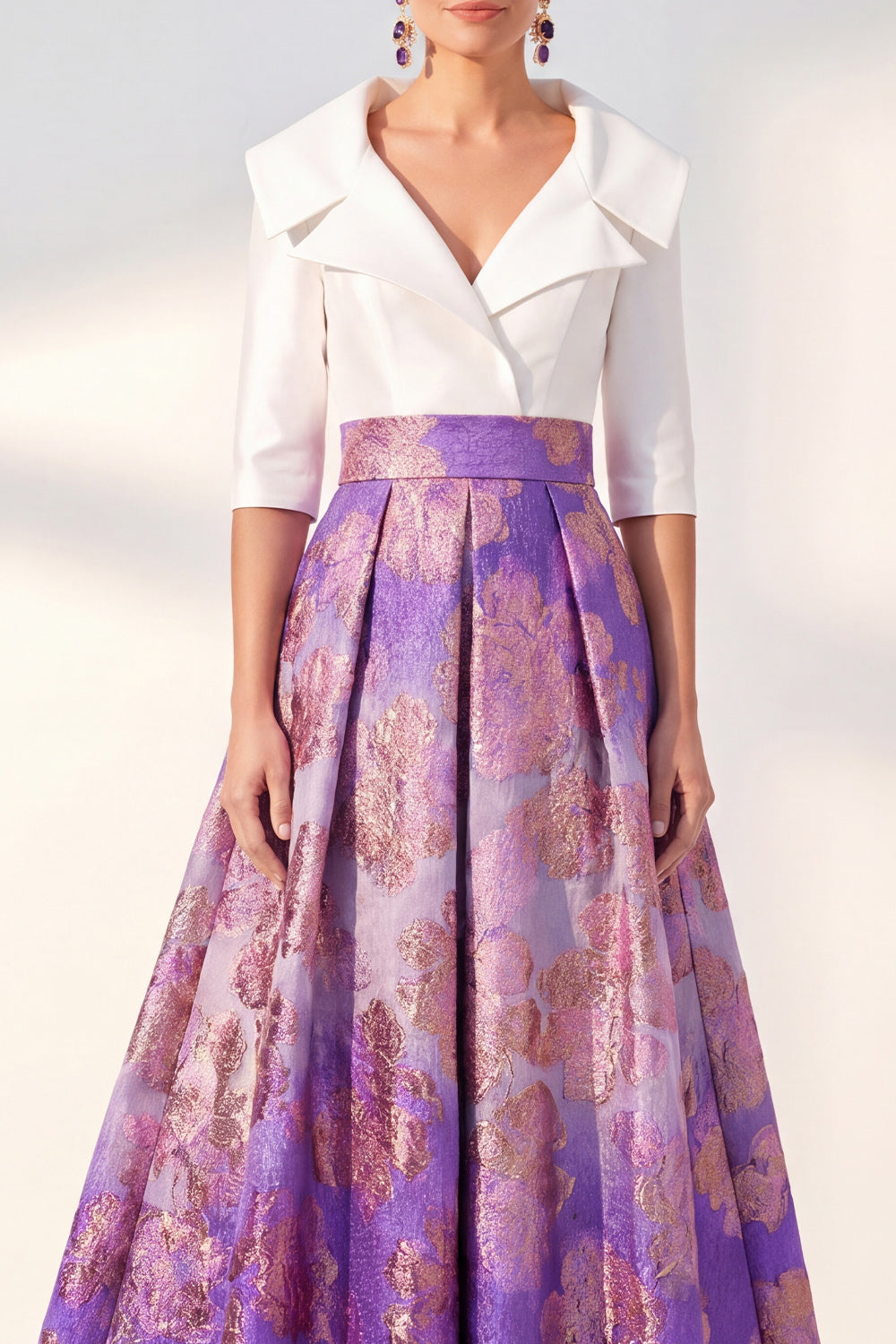 Long 3/4 Sleeves Floral Navy Jacquard A Line Mother of the Bride Dress