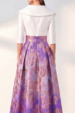 Long 3/4 Sleeves Floral Navy Jacquard A Line Mother of the Bride Dress