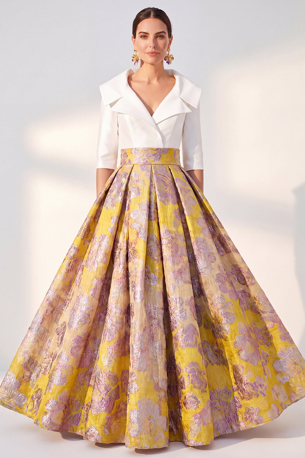 Long 3/4 Sleeves Floral Navy Jacquard A Line Mother of the Bride Dress