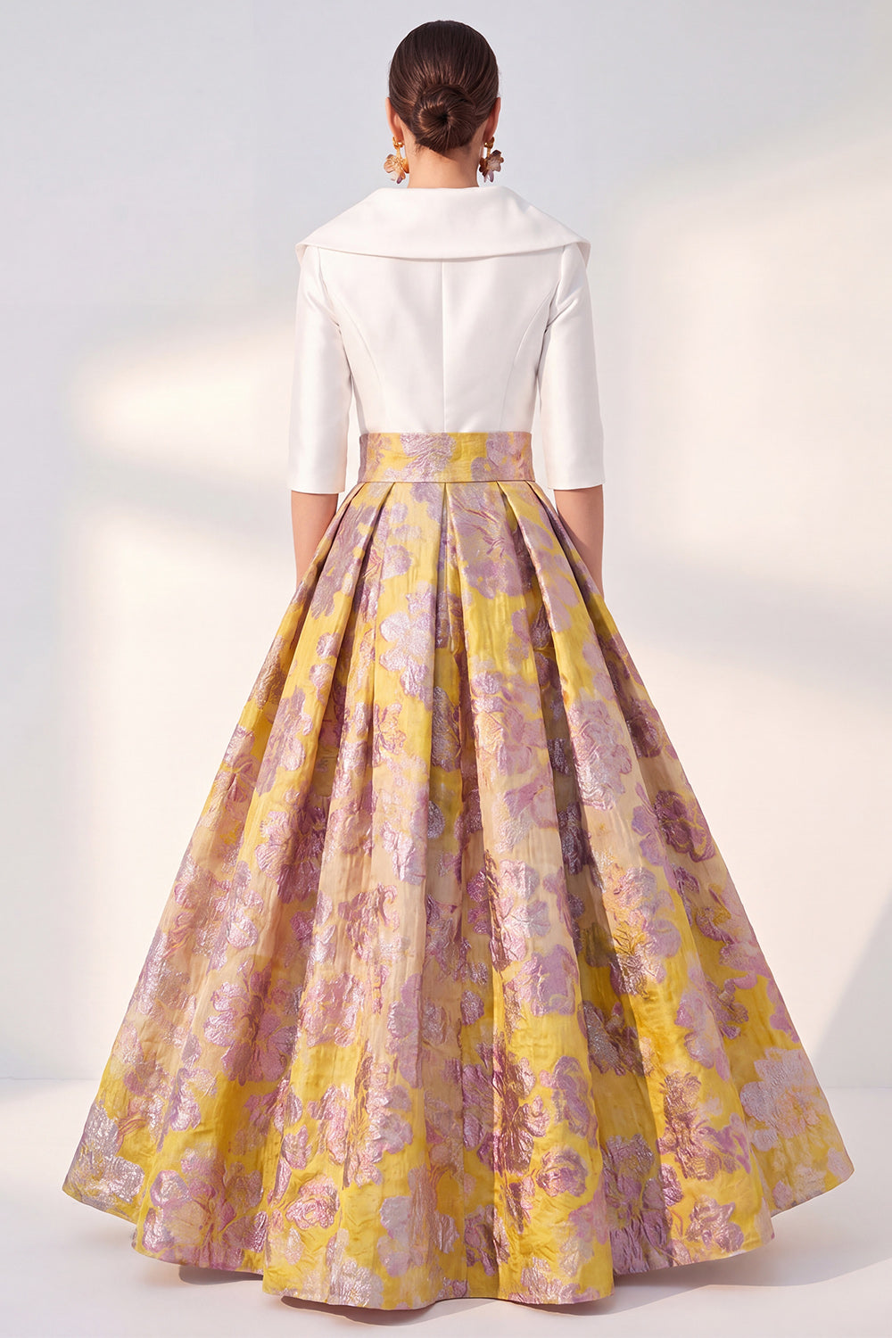 Long 3/4 Sleeves Floral Navy Jacquard A Line Mother of the Bride Dress