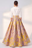 Long 3/4 Sleeves Floral Navy Jacquard A Line Mother of the Bride Dress