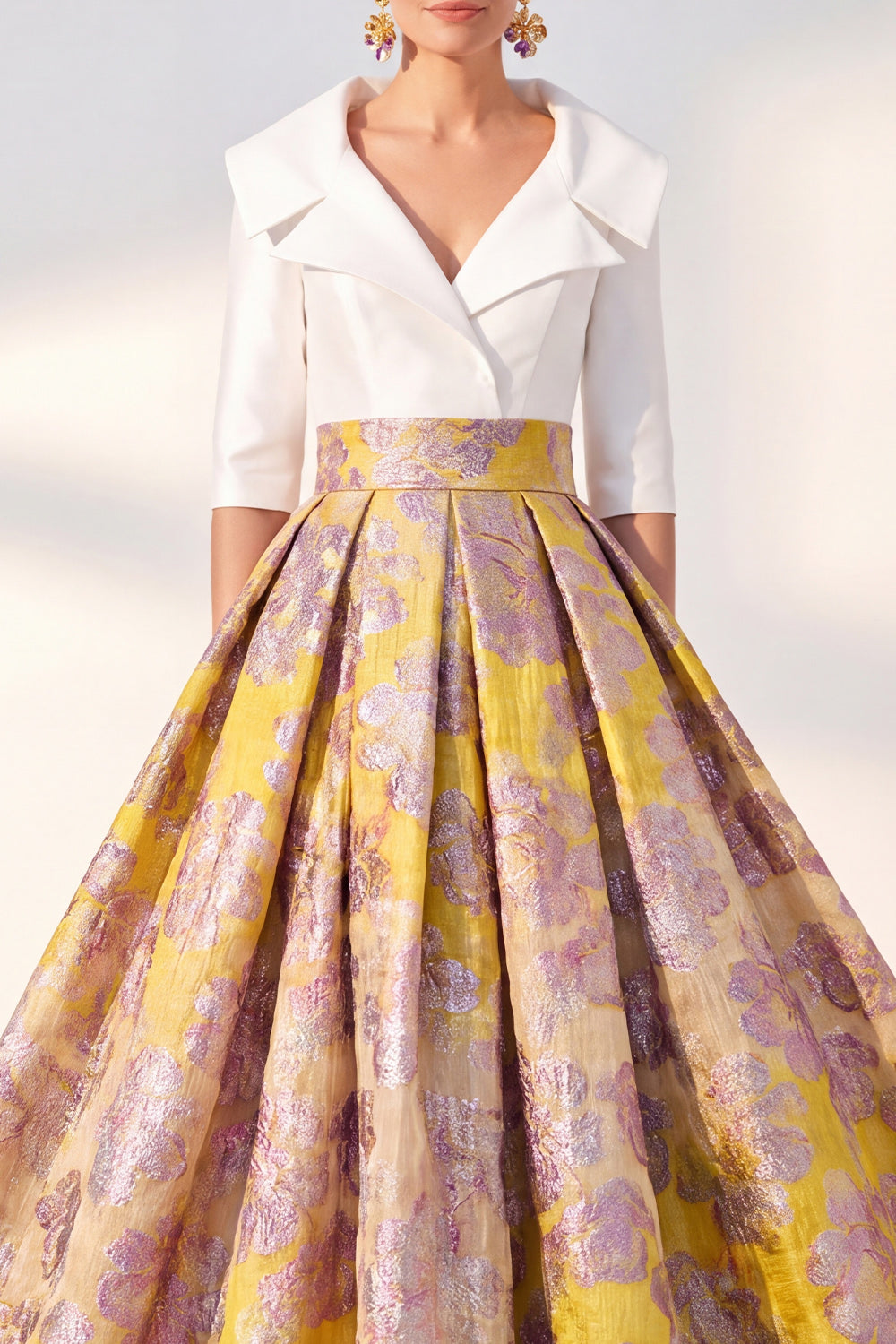 Long 3/4 Sleeves Floral Navy Jacquard A Line Mother of the Bride Dress