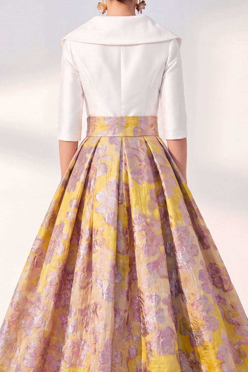 Long 3/4 Sleeves Floral Navy Jacquard A Line Mother of the Bride Dress