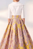 Long 3/4 Sleeves Floral Navy Jacquard A Line Mother of the Bride Dress