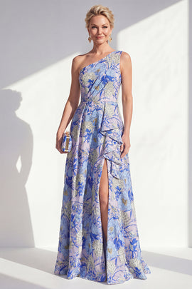 Blue Ruffled Maxi A Line Floral Mother of the Bride Dress with Slit