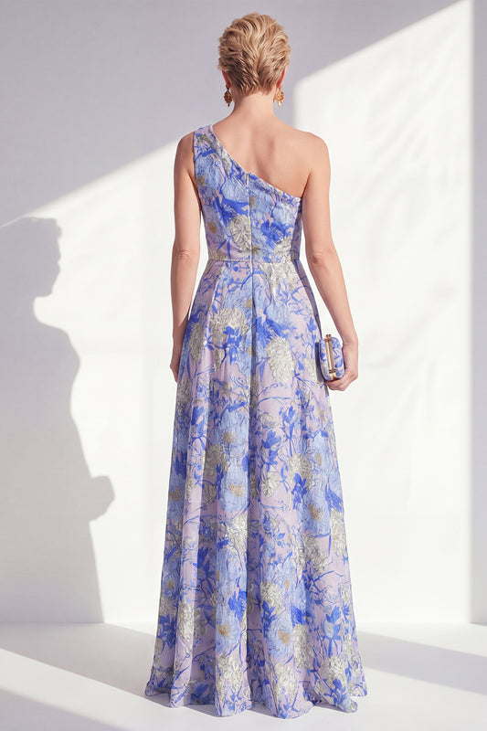 Blue Ruffled Maxi A Line Floral Mother of the Bride Dress with Slit