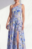 Blue Ruffled Maxi A Line Floral Mother of the Bride Dress with Slit
