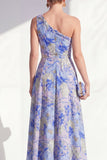Blue Ruffled Maxi A Line Floral Mother of the Bride Dress with Slit
