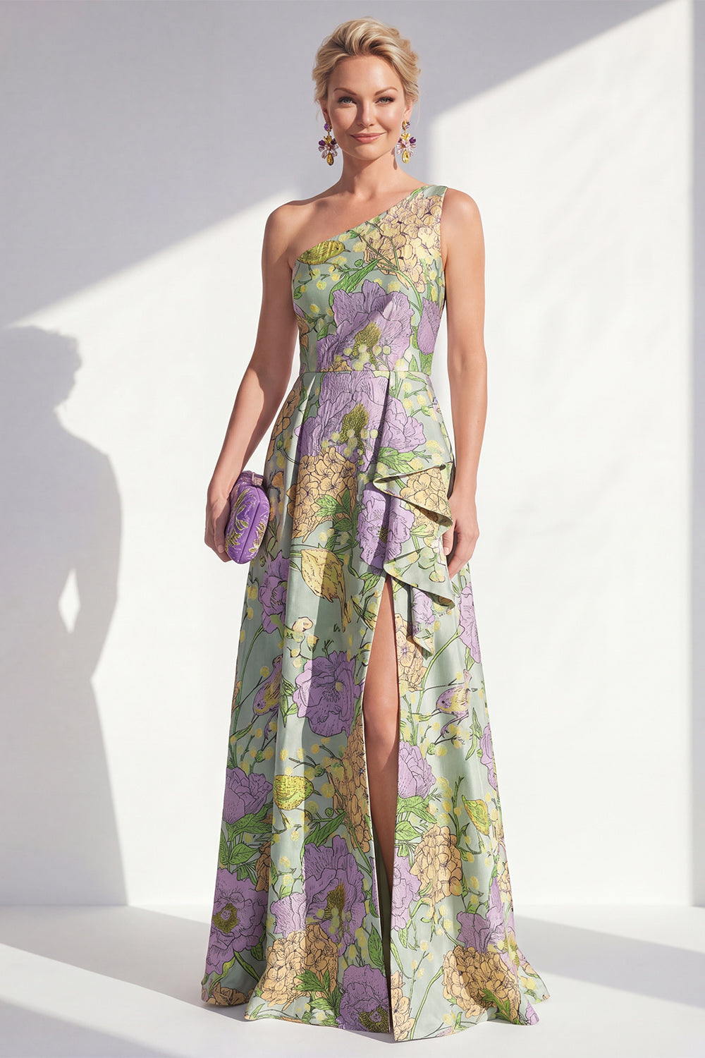 Blue Ruffled Maxi A Line Floral Mother of the Bride Dress with Slit