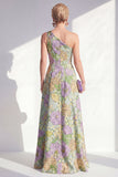 Blue Ruffled Maxi A Line Floral Mother of the Bride Dress with Slit