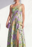 Blue Ruffled Maxi A Line Floral Mother of the Bride Dress with Slit