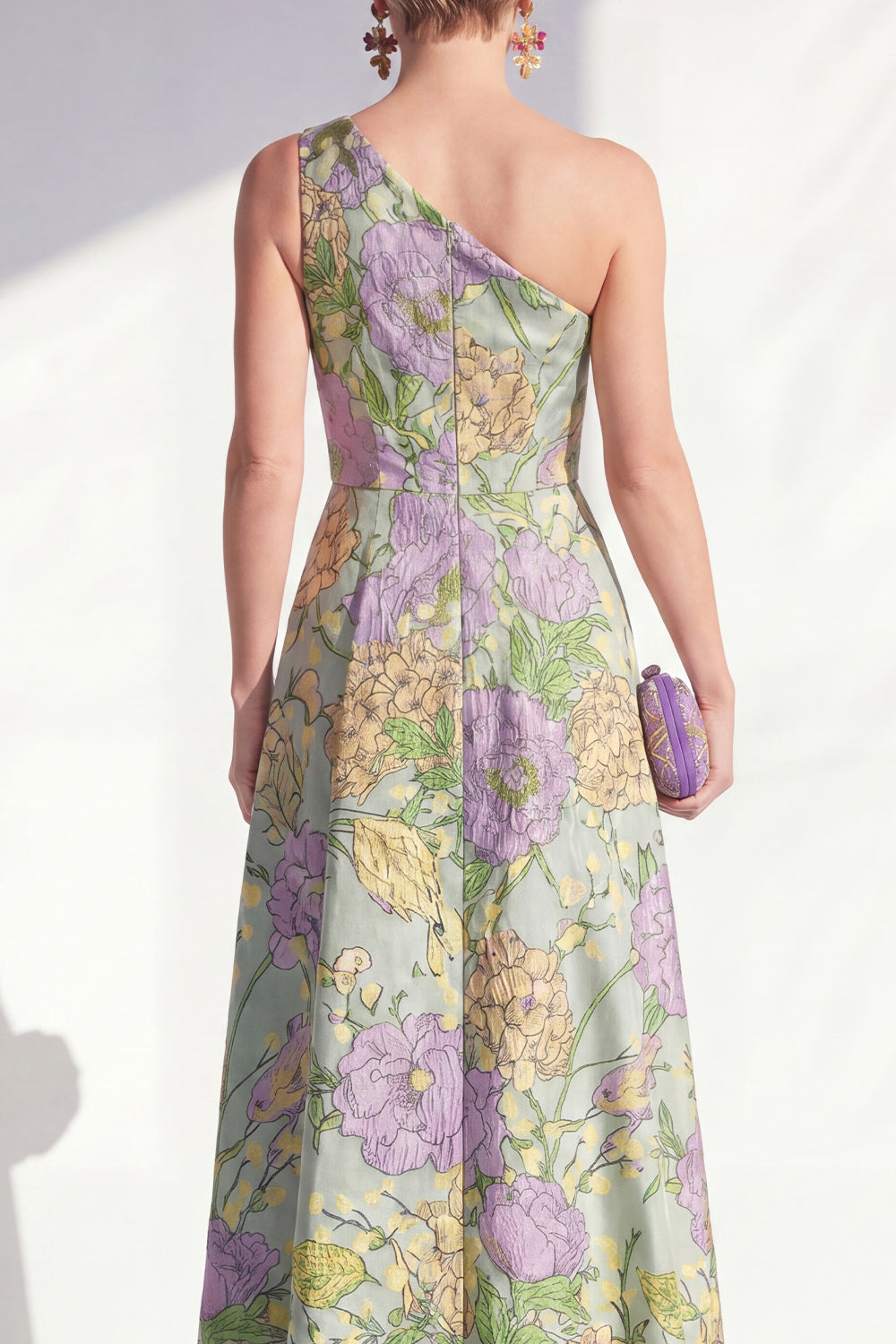 Blue Ruffled Maxi A Line Floral Mother of the Bride Dress with Slit