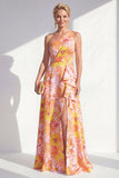 Blue Ruffled Maxi A Line Floral Mother of the Bride Dress with Slit