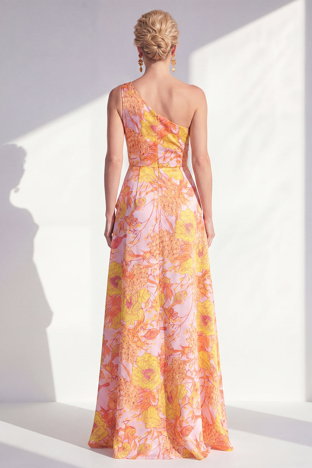 Blue Ruffled Maxi A Line Floral Mother of the Bride Dress with Slit