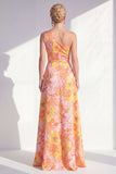 Blue Ruffled Maxi A Line Floral Mother of the Bride Dress with Slit