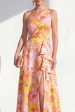Blue Ruffled Maxi A Line Floral Mother of the Bride Dress with Slit