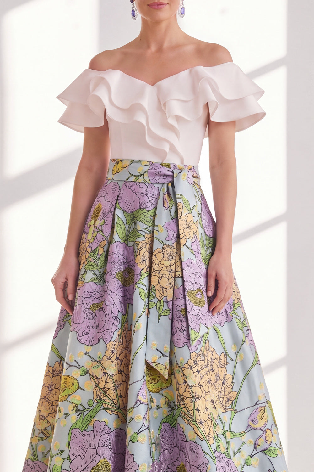 Pink Blue Flower Long A Line Mother of the Bride Dress with Ruffles
