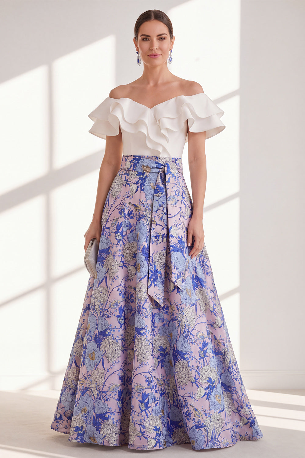 Pink Blue Flower Long A Line Mother of the Bride Dress with Ruffles