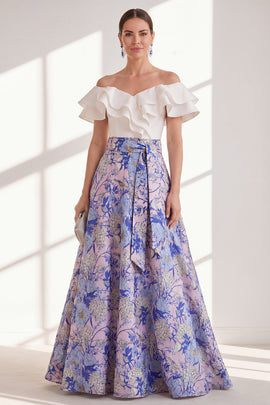 Pink Blue Flower Long A Line Mother of the Bride Dress with Ruffles