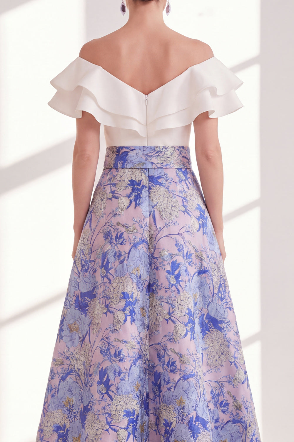 Pink Blue Flower Long A Line Mother of the Bride Dress with Ruffles