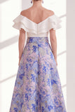 Pink Blue Flower Long A Line Mother of the Bride Dress with Ruffles