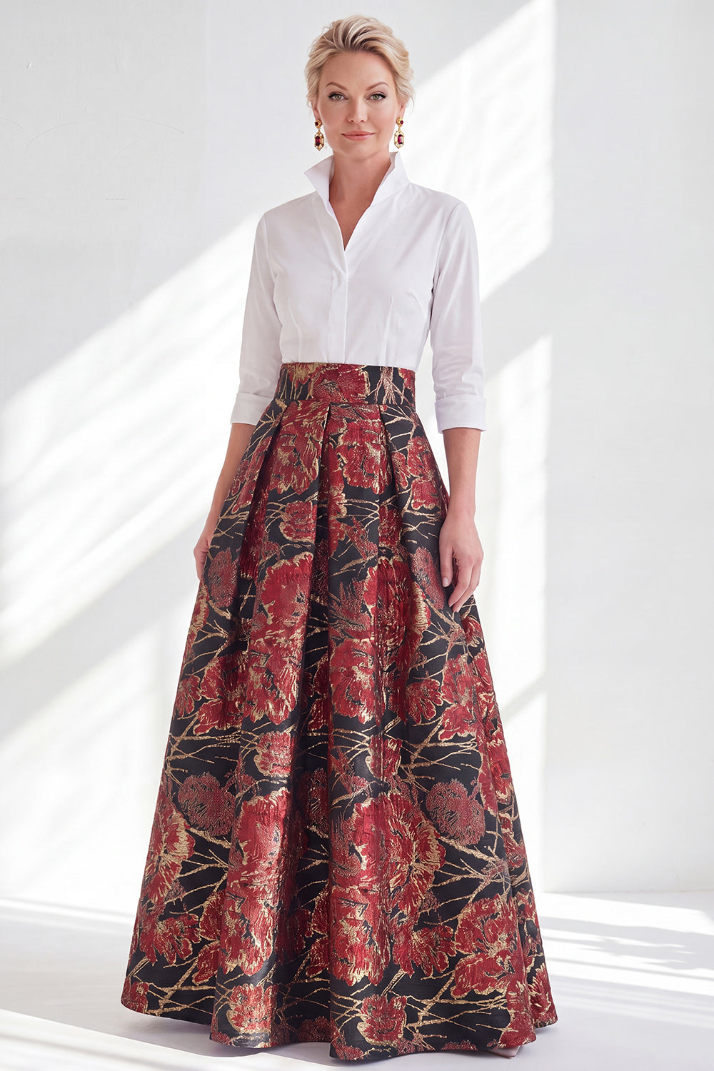 3/4 Sleeves Fuchsia Flower Long A Line Mother of the Bride Dress