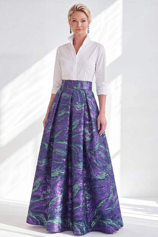 3/4 Sleeves Purple Green Jacquard Long A Line Mother of the Bride Dress
