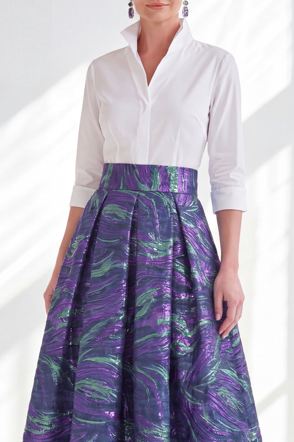 3/4 Sleeves Purple Green Jacquard Long A Line Mother of the Bride Dress