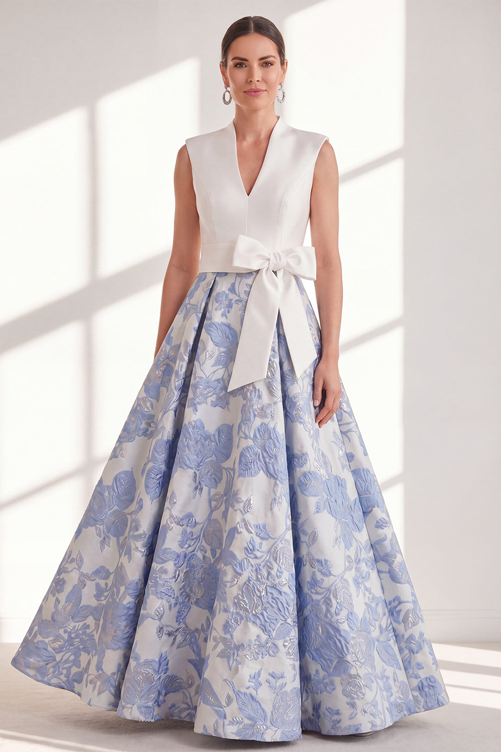 Blue Floral V-Neck Long A Line Mother of the Bride Dress with Bow