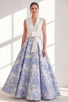 Blue Floral V-Neck Long A Line Mother of the Bride Dress with Bow