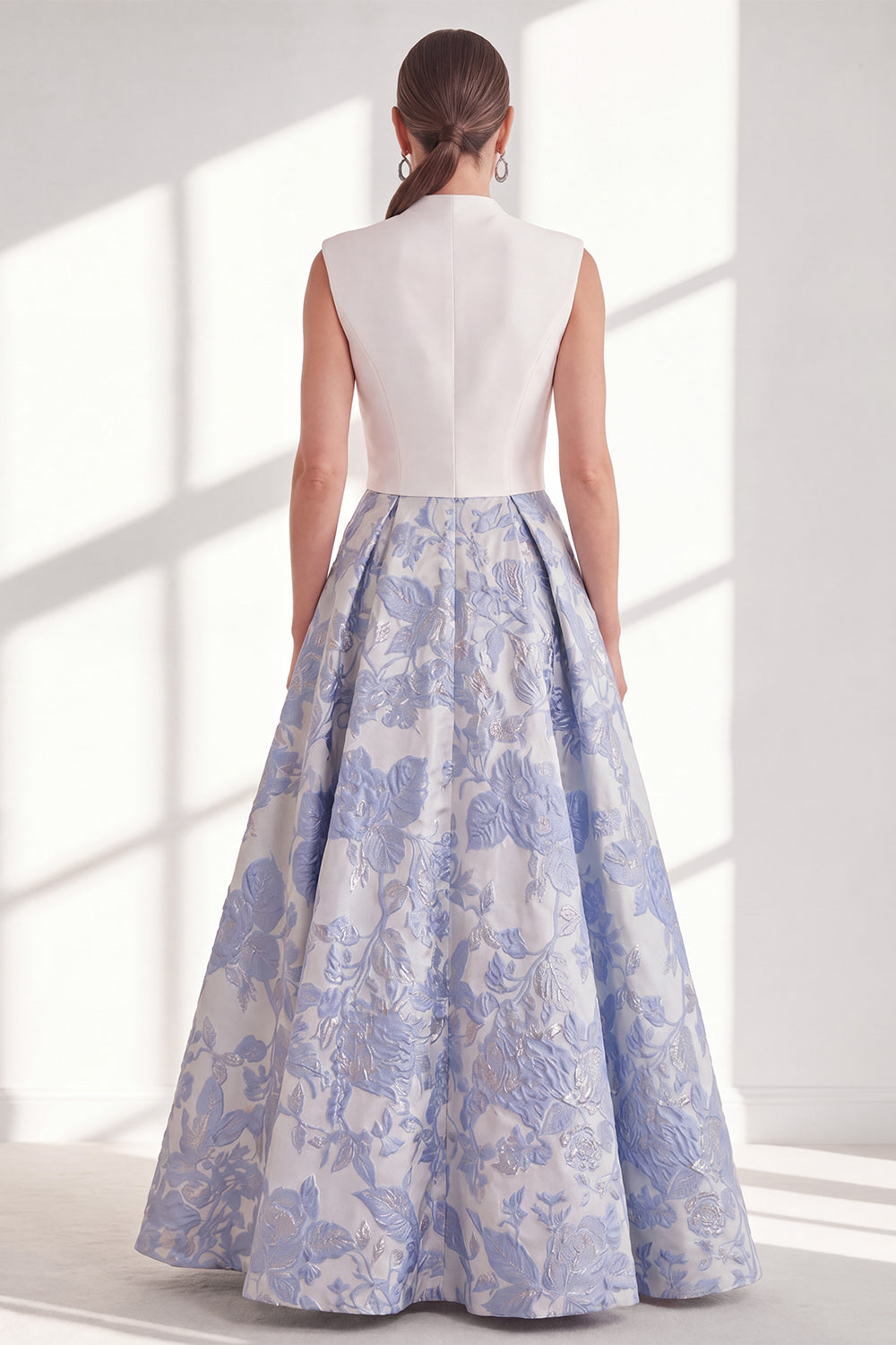 Blue Floral V-Neck Long A Line Mother of the Bride Dress with Bow