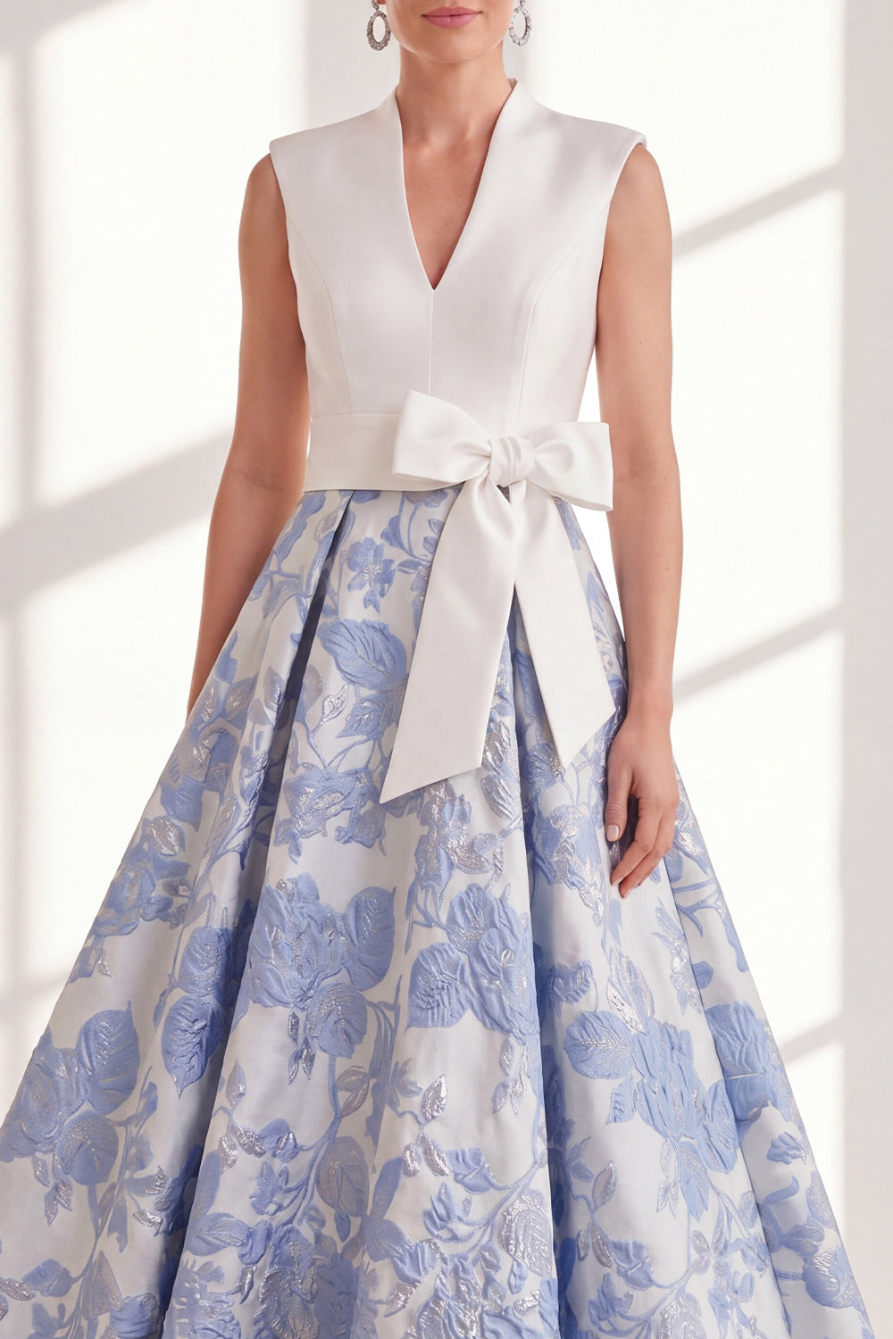 Blue Floral V-Neck Long A Line Mother of the Bride Dress with Bow