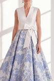 Blue Floral V-Neck Long A Line Mother of the Bride Dress with Bow