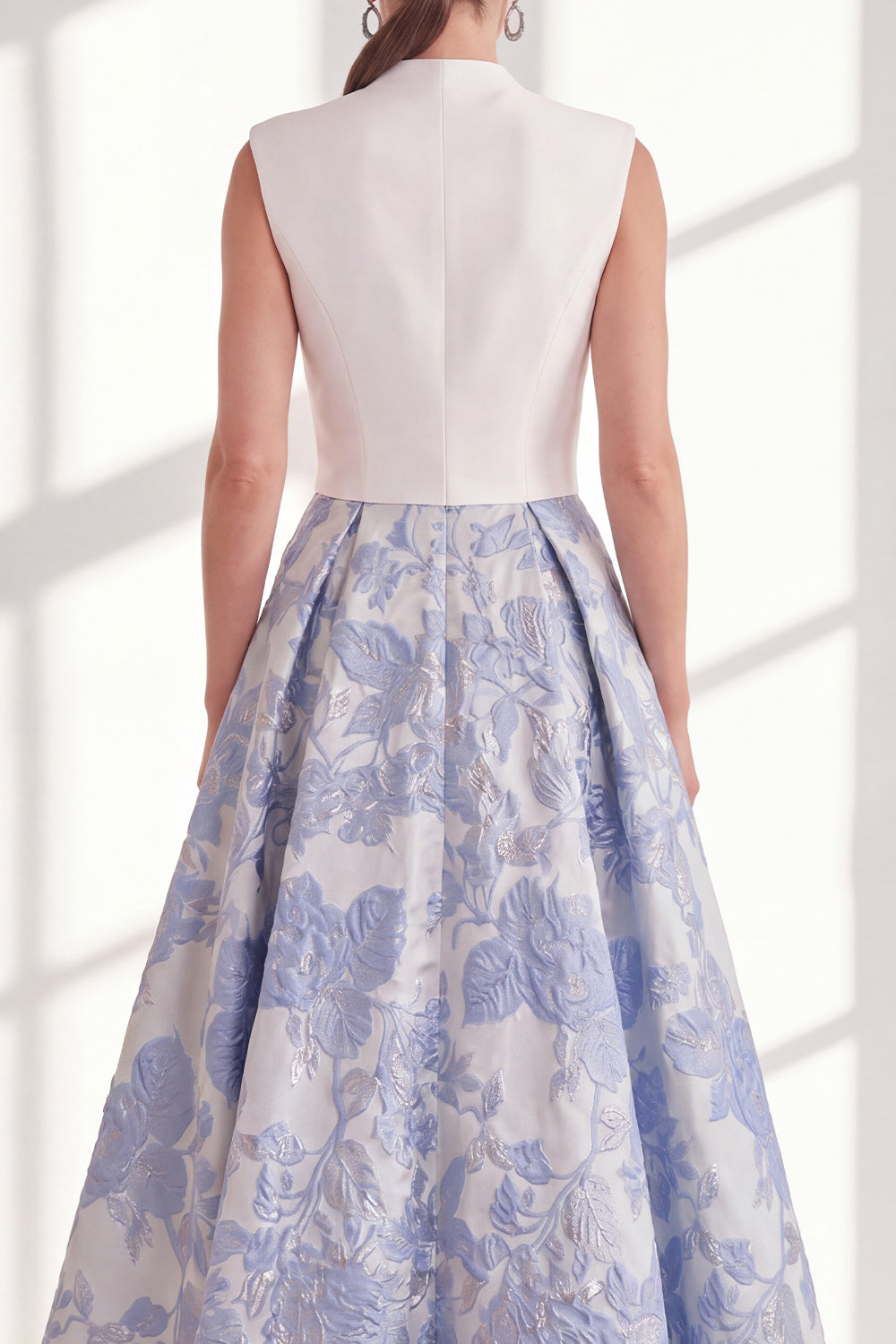 Blue Floral V-Neck Long A Line Mother of the Bride Dress with Bow